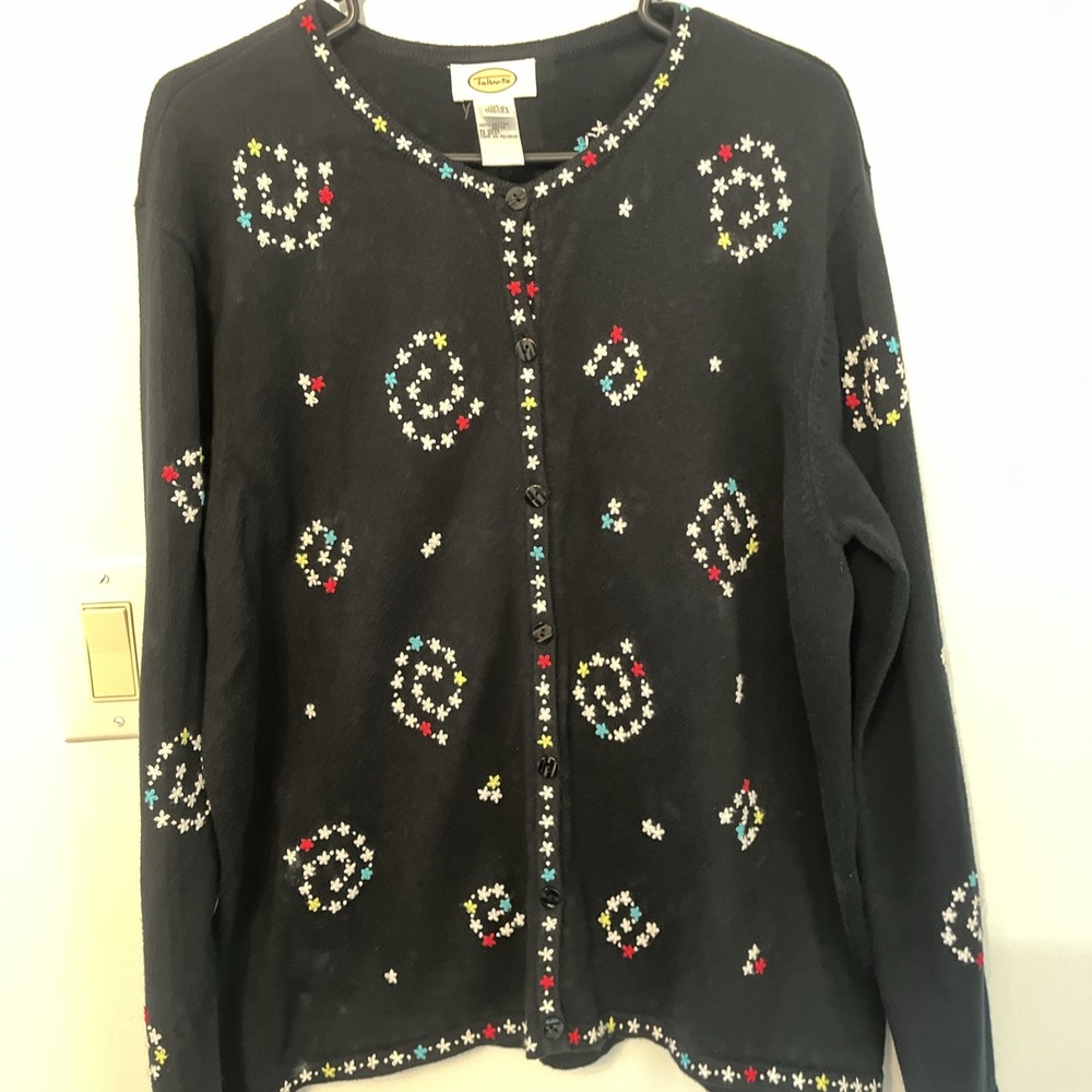 Talbots Cardigan Black Stars Button Front Sweater Embroidered Extra Large